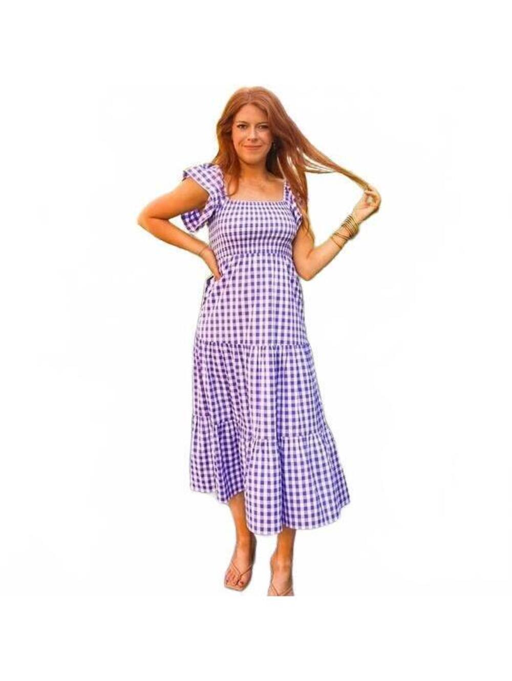 Buddy Love Purple White Gingham Tiered Midi Dress Size Small Smocked Checkered